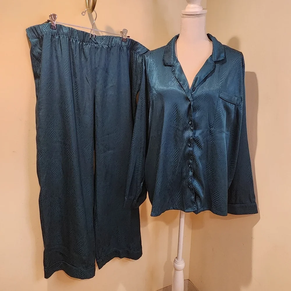 INC International Concepts Intimates Teal Satin Pajama Set XXL